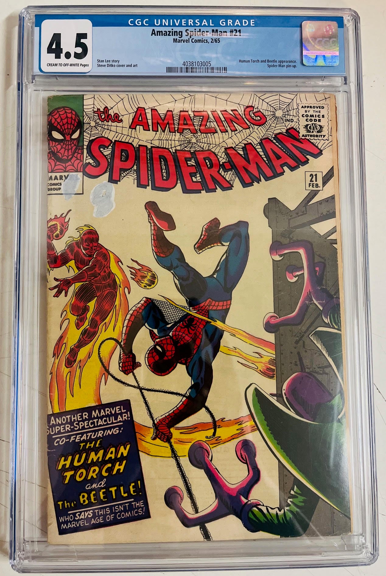 Amazing Spider-Man #21 Certified Guaranty Company (CGC) Graded 4.5 - Human Torch and Beetle Appearance
